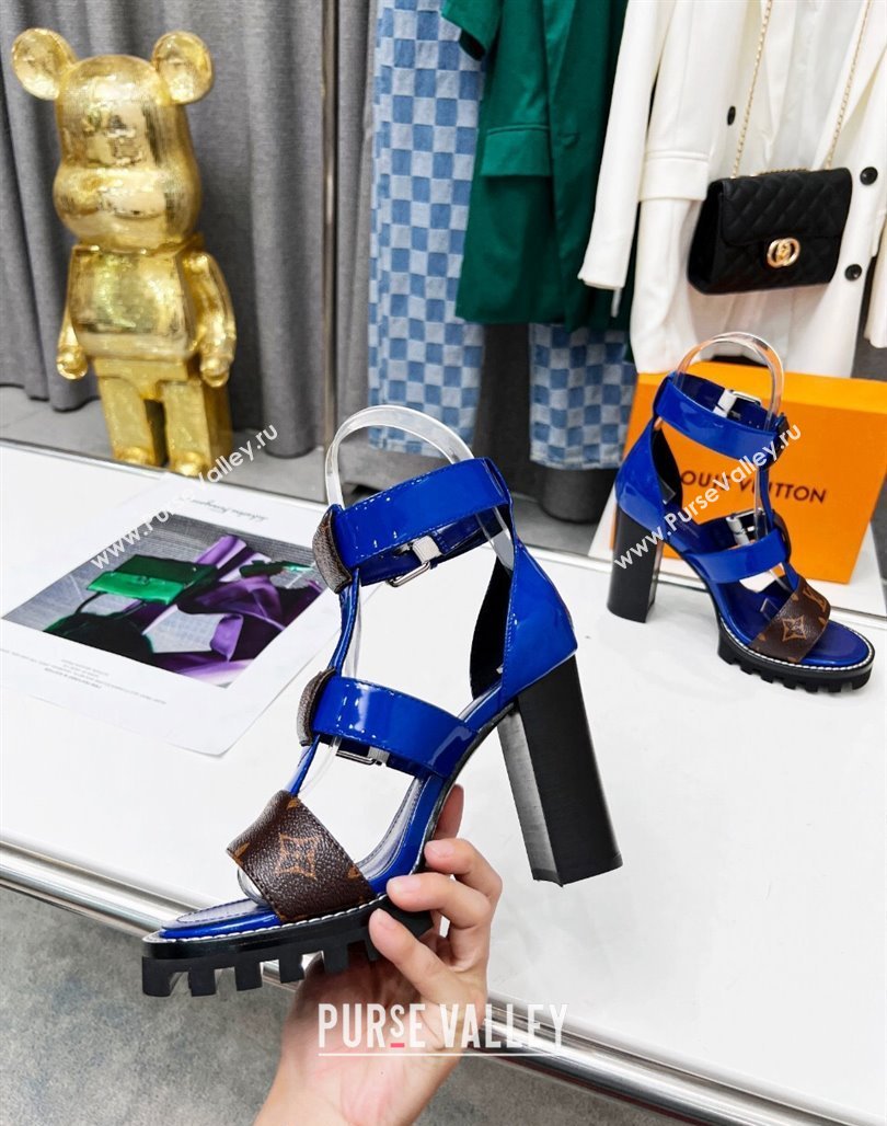 Louis Vuitton Patent Leather and Canvas Heel Sandals 9cm with Buckle Strap Blue 2024 (MD-240321030)