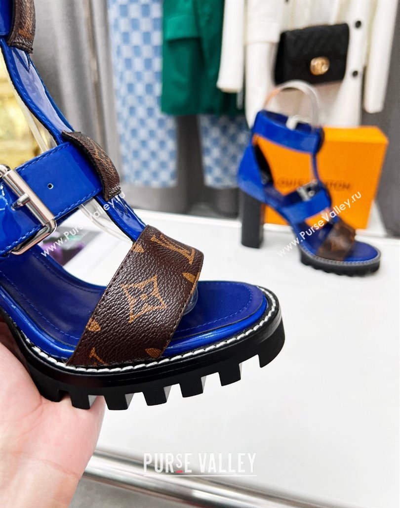 Louis Vuitton Patent Leather and Canvas Heel Sandals 9cm with Buckle Strap Blue 2024 (MD-240321030)