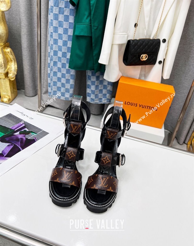 Louis Vuitton Patent Leather and Canvas Heel Sandals 9cm with Buckle Strap Black 2024 (MD-240321031)