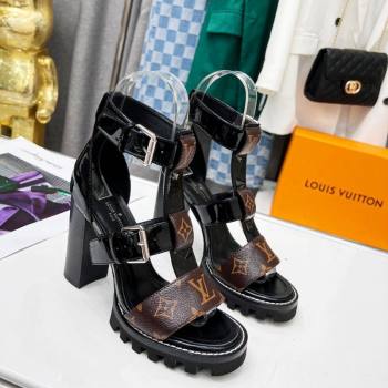 Louis Vuitton Patent Leather and Canvas Heel Sandals 9cm with Buckle Strap Black 2024 (MD-240321031)