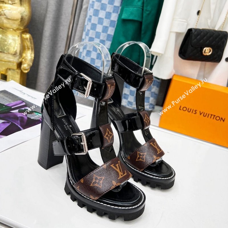 Louis Vuitton Patent Leather and Canvas Heel Sandals 9cm with Buckle Strap Black 2024 (MD-240321031)