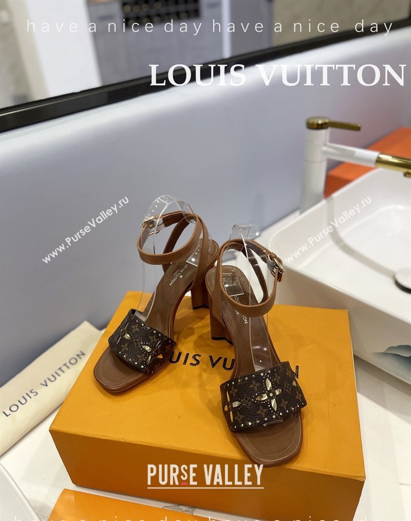 Louis Vuitton Monogram Bloom Sandals 8cm in Cutout Monogram Canvas and Leather Brown 2024 032001 (MD-240320087)