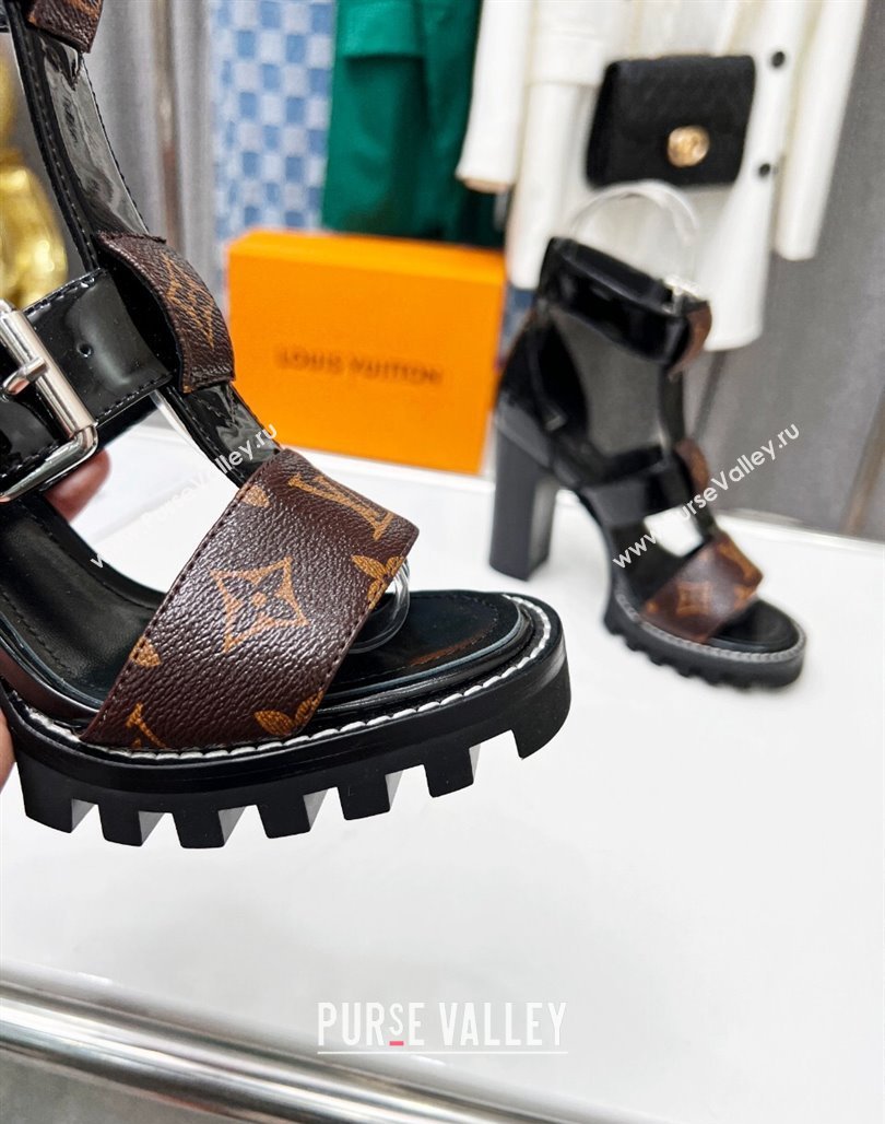 Louis Vuitton Patent Leather and Canvas Heel Sandals 9cm with Buckle Strap Black 2024 (MD-240321031)