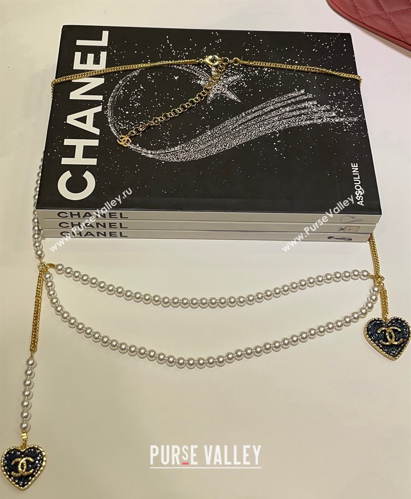 Chanel Heart Pearls Chain Belt Denim Blue 2024 0614 (YF-240614097)