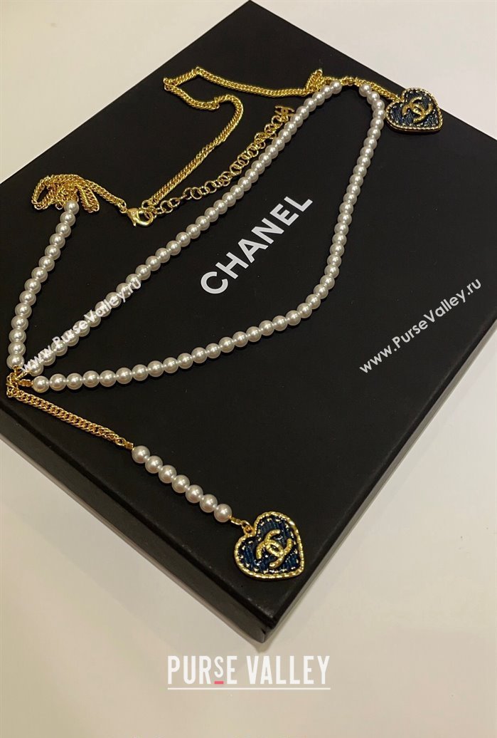 Chanel Heart Pearls Chain Belt Denim Blue 2024 0614 (YF-240614097)