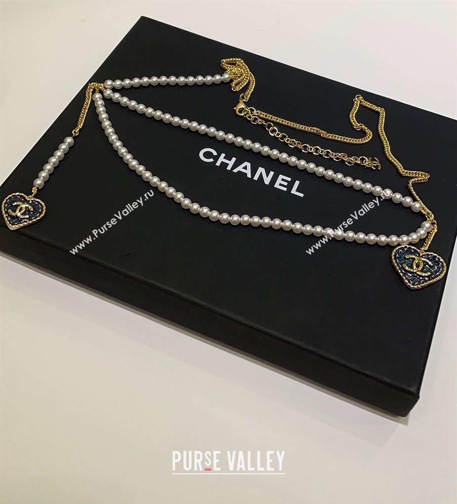 Chanel Heart Pearls Chain Belt Denim Blue 2024 0614 (YF-240614097)