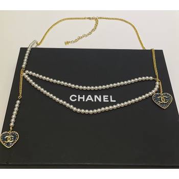 Chanel Heart Pearls Chain Belt Denim Blue 2024 0614 (YF-240614097)