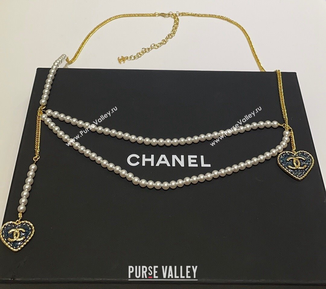 Chanel Heart Pearls Chain Belt Denim Blue 2024 0614 (YF-240614097)