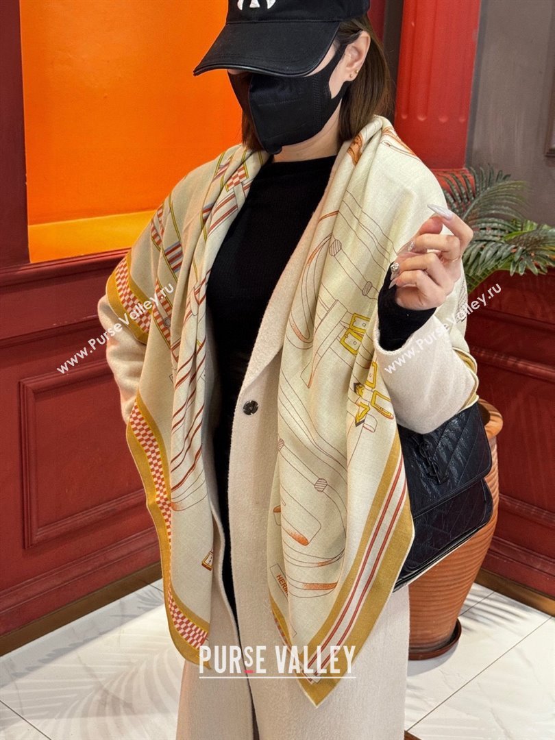 Hermes Cashmere Silk Lettres Equestres Shawl Scarf 140 H1502 Beige 2026 (XMN-26010502)
