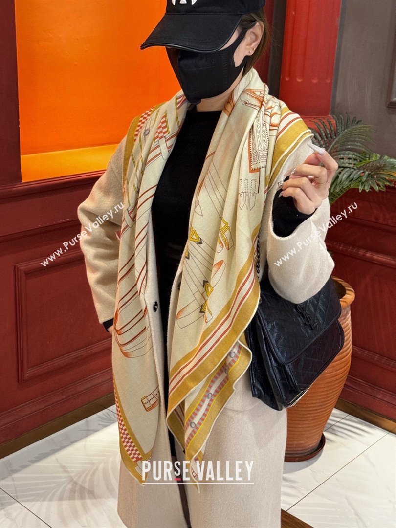 Hermes Cashmere Silk Lettres Equestres Shawl Scarf 140 H1502 Beige 2026 (XMN-26010502)
