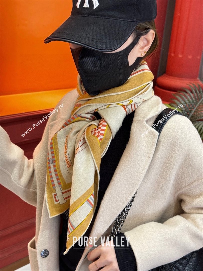 Hermes Cashmere Silk Lettres Equestres Shawl Scarf 140 H1502 Beige 2026 (XMN-26010502)
