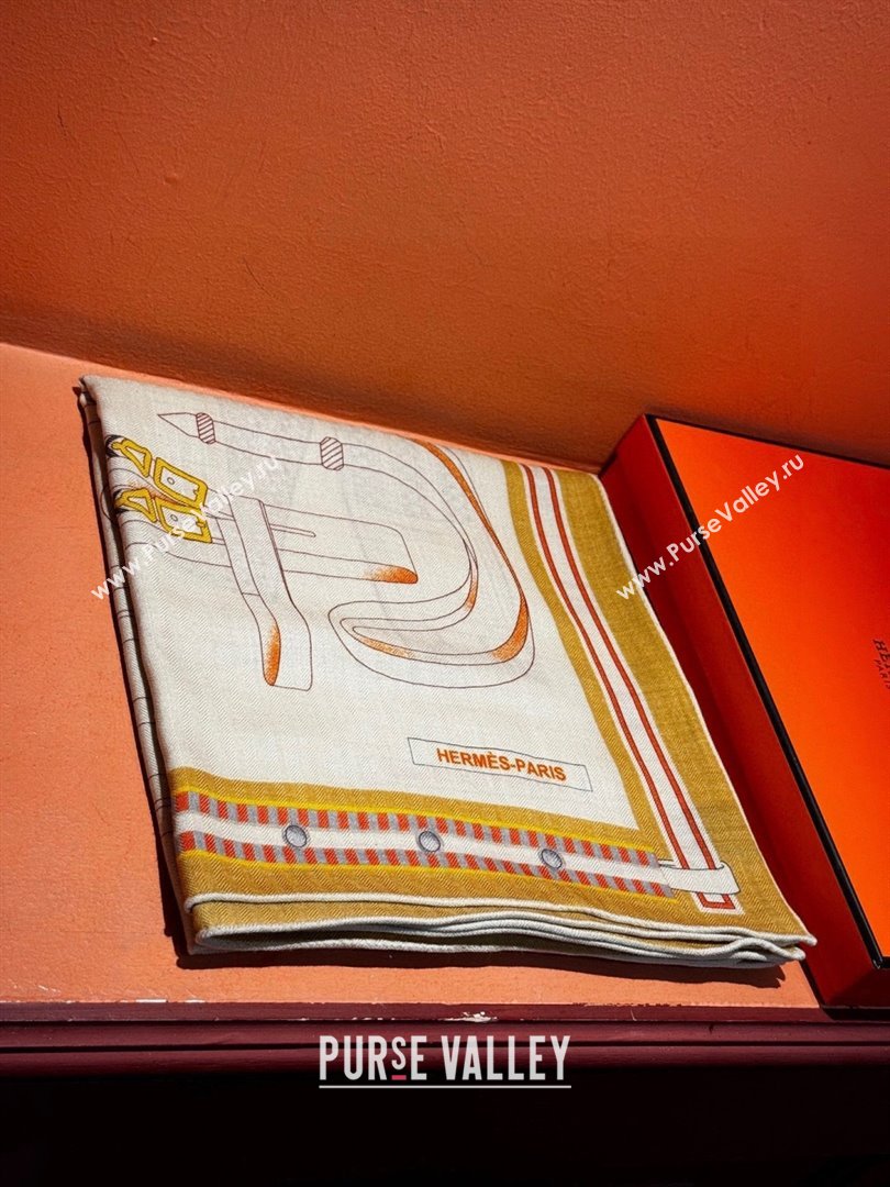 Hermes Cashmere Silk Lettres Equestres Shawl Scarf 140 H1502 Beige 2026 (XMN-26010502)