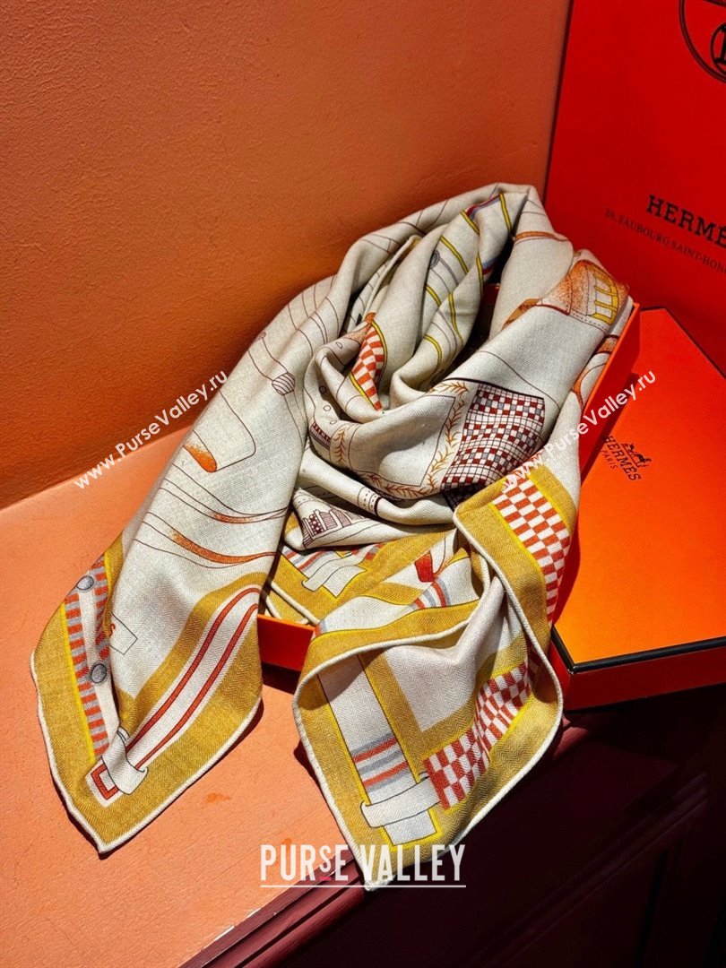 Hermes Cashmere Silk Lettres Equestres Shawl Scarf 140 H1502 Beige 2026 (XMN-26010502)