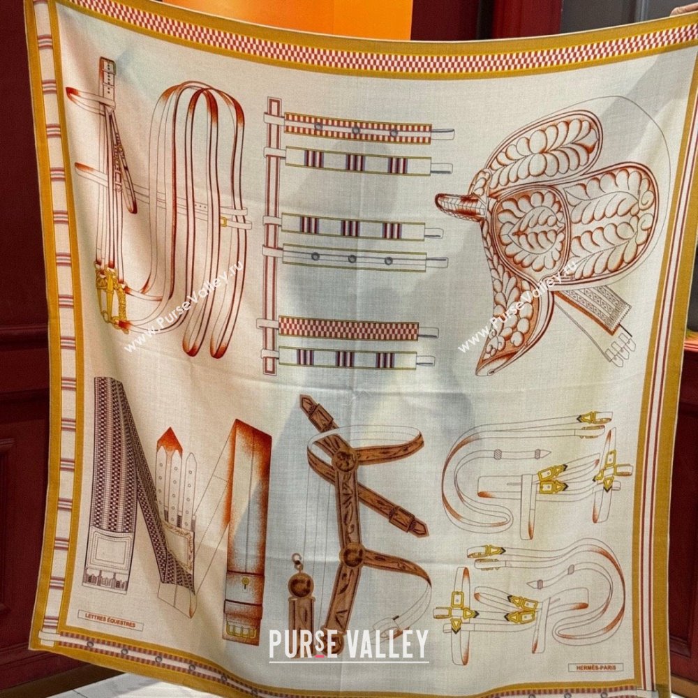 Hermes Cashmere Silk Lettres Equestres Shawl Scarf 140 H1502 Beige 2026 (XMN-26010502)