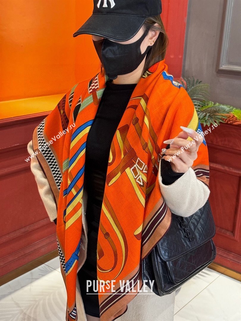 Hermes Cashmere Silk Lettres Equestres Shawl Scarf 140 H1501 Orange 2026 (XMN-26010501)