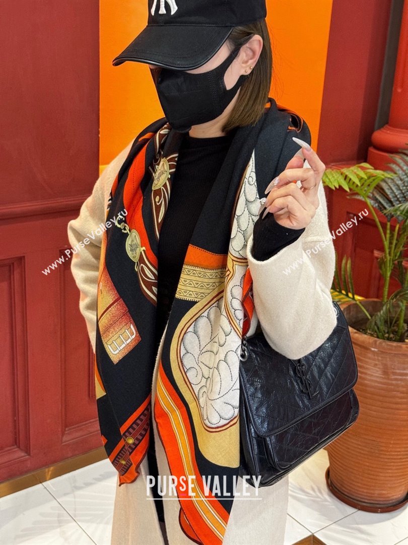 Hermes Cashmere Silk Lettres Equestres Shawl Scarf 140 H1503 Black 2026 (XMN-26010503)