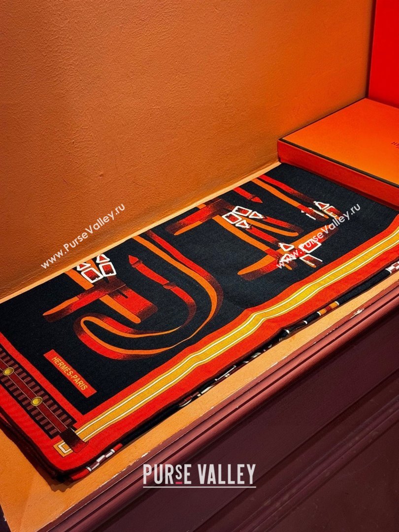 Hermes Cashmere Silk Lettres Equestres Shawl Scarf 140 H1503 Black 2026 (XMN-26010503)