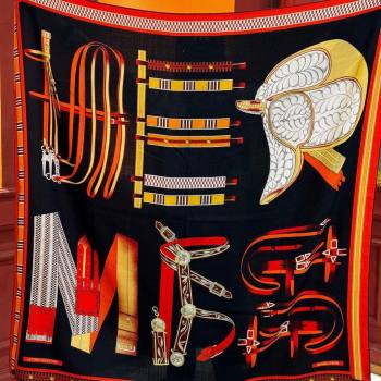 Hermes Cashmere Silk Lettres Equestres Shawl Scarf 140 H1503 Black 2026 (XMN-26010503)