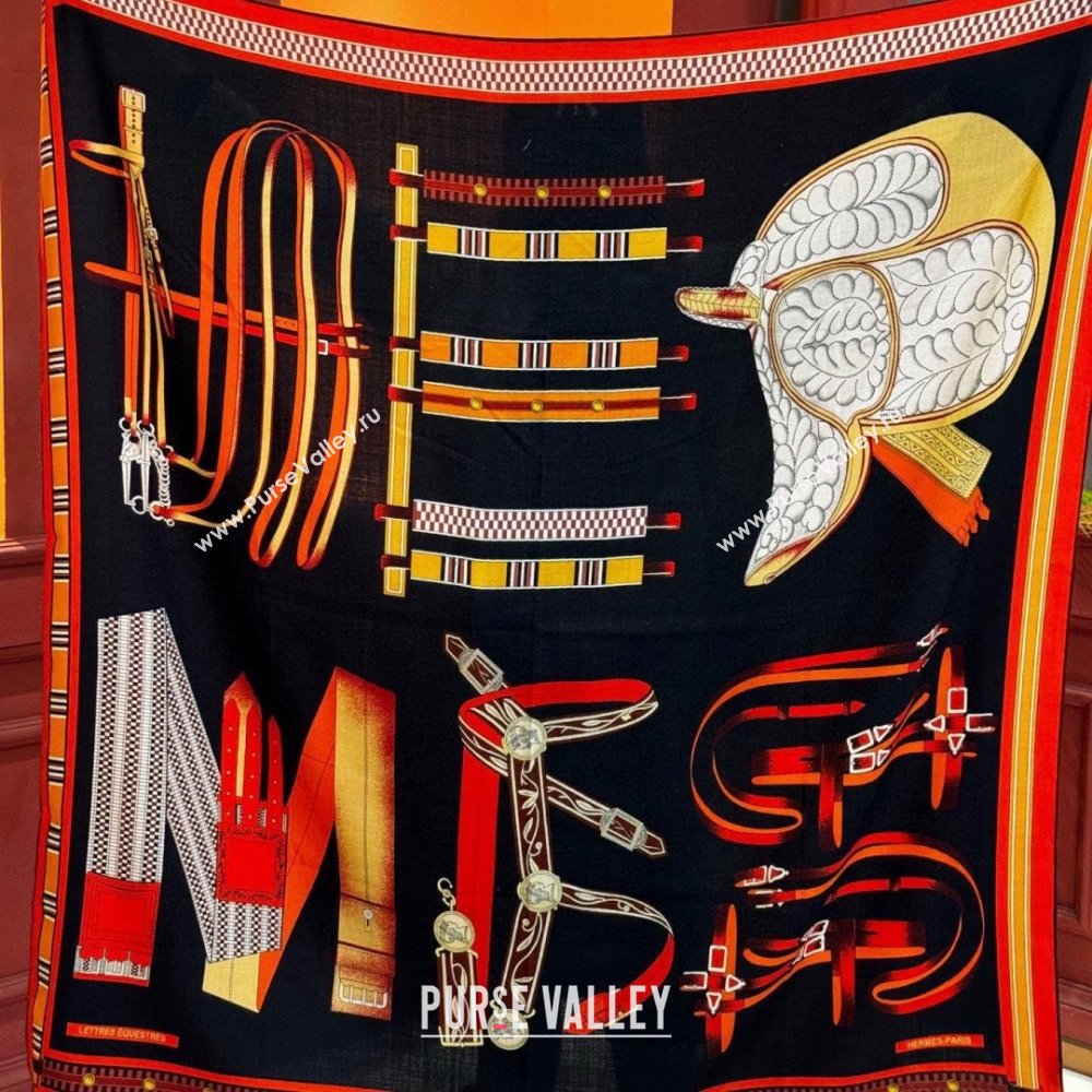 Hermes Cashmere Silk Lettres Equestres Shawl Scarf 140 H1503 Black 2026 (XMN-26010503)