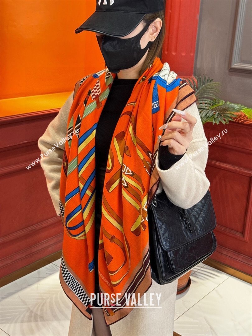 Hermes Cashmere Silk Lettres Equestres Shawl Scarf 140 H1501 Orange 2026 (XMN-26010501)