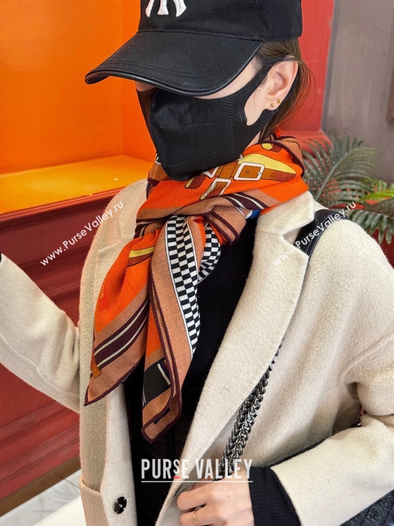 Hermes Cashmere Silk Lettres Equestres Shawl Scarf 140 H1501 Orange 2026 (XMN-26010501)