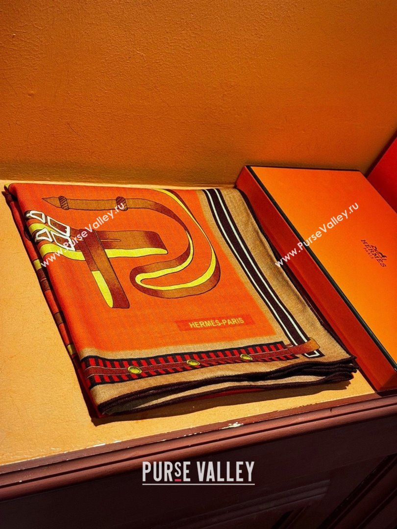 Hermes Cashmere Silk Lettres Equestres Shawl Scarf 140 H1501 Orange 2026 (XMN-26010501)