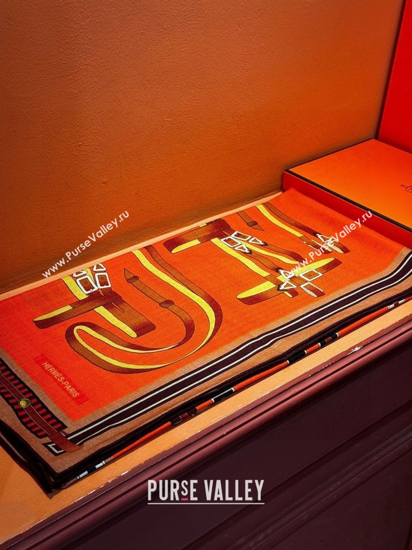 Hermes Cashmere Silk Lettres Equestres Shawl Scarf 140 H1501 Orange 2026 (XMN-26010501)