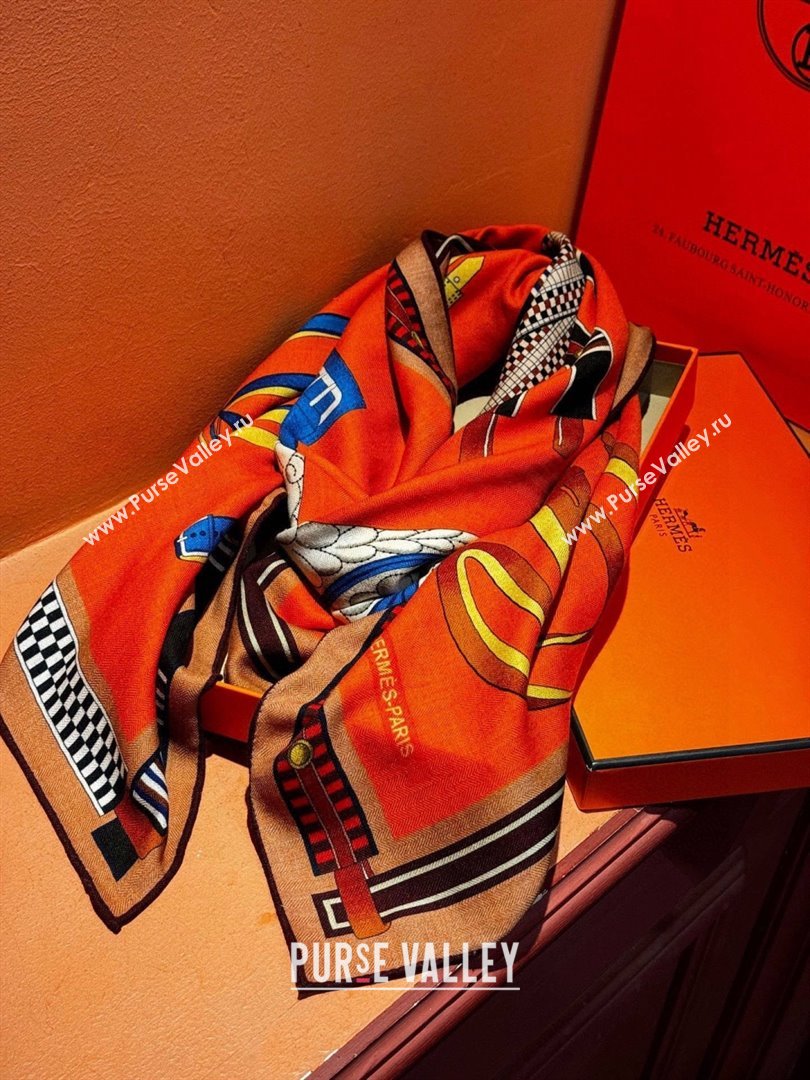 Hermes Cashmere Silk Lettres Equestres Shawl Scarf 140 H1501 Orange 2026 (XMN-26010501)