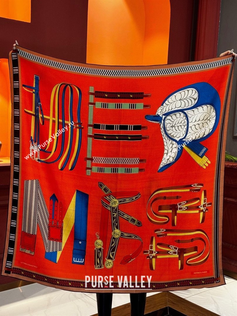 Hermes Cashmere Silk Lettres Equestres Shawl Scarf 140 H1501 Orange 2026 (XMN-26010501)