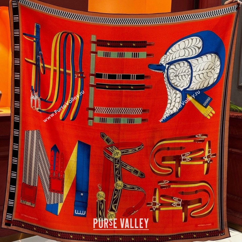 Hermes Cashmere Silk Lettres Equestres Shawl Scarf 140 H1501 Orange 2026 (XMN-26010501)