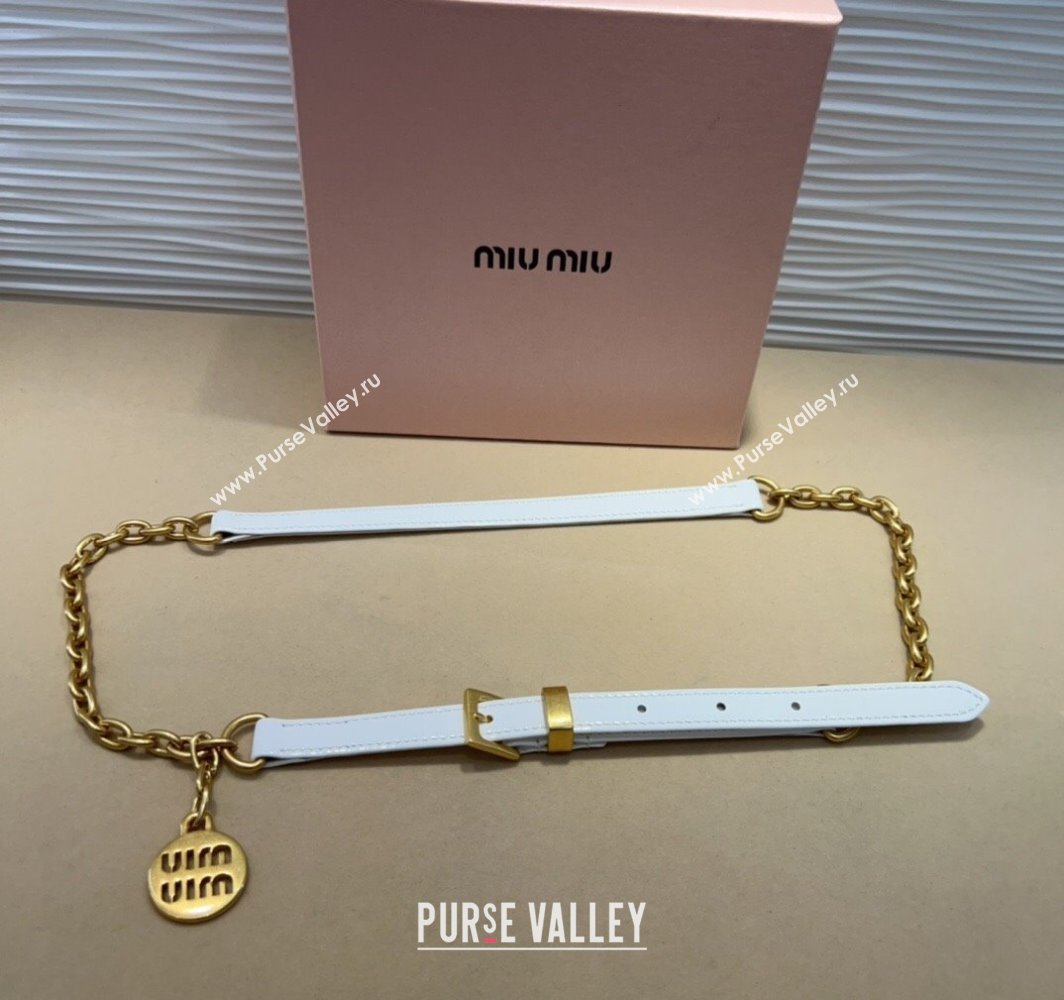 Miu Miu Logo Charm Chain Leather Belt 1.5cm White 2025 0317 (99-250317044)