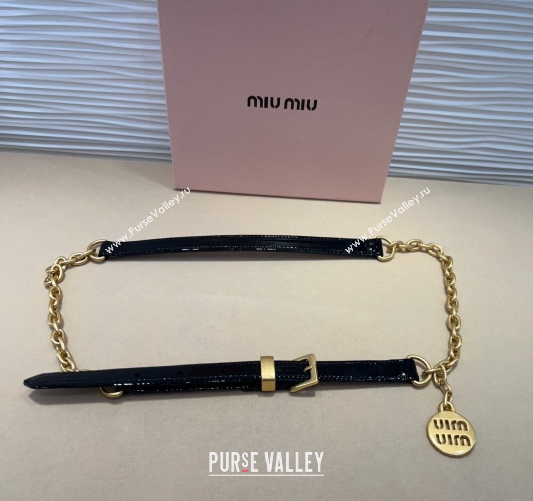 Miu Miu Logo Charm Chain Leather Belt 1.5cm Black 2025 0317 (99-250317045)