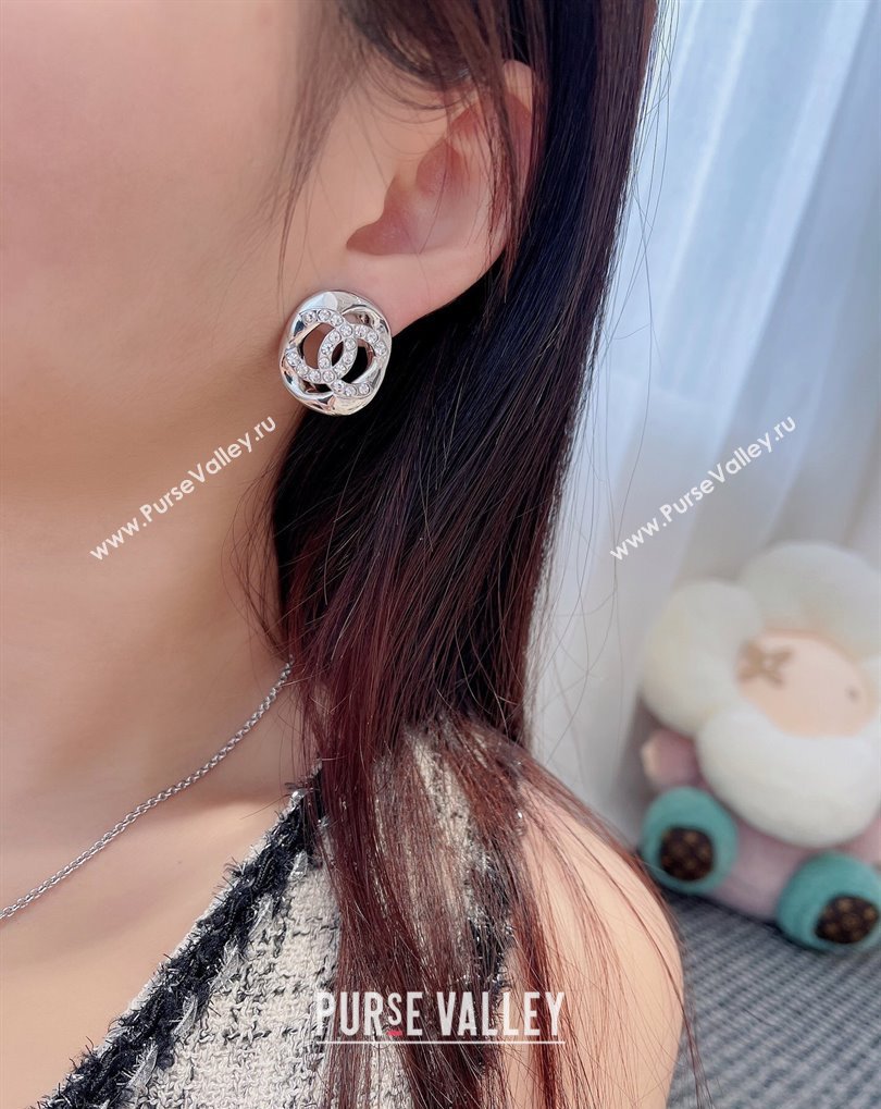 Chanel Strass CC Round Stud Earrings Silver 2025 0509 (YF-250509064)