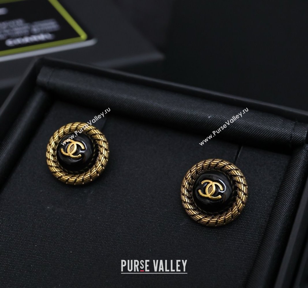 Chanel Aged Round Stud Earrings Black/Gold 2025 0509 (YF-250509066)