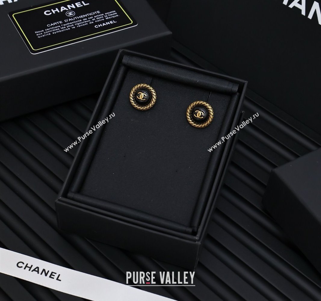 Chanel Aged Round Stud Earrings Black/Gold 2025 0509 (YF-250509066)