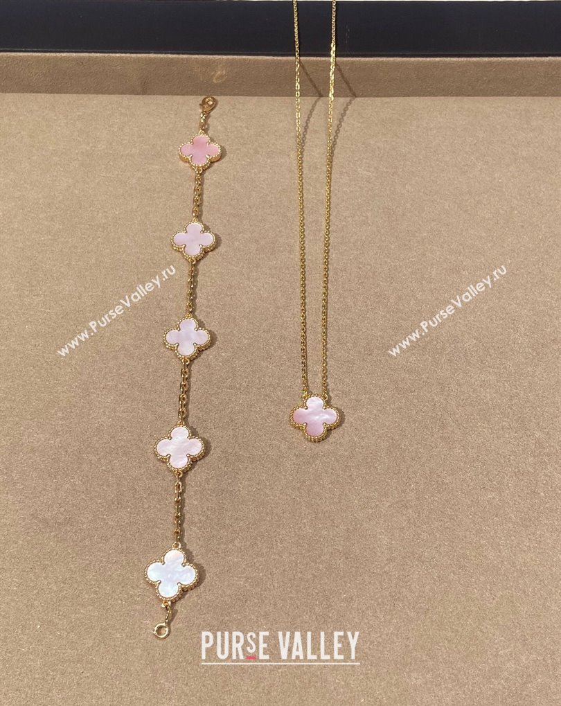 Van Cleef Arpels Alhambra Bracelet, 5 Motifs and Pendant Necklace Light Pink/Gold 2025 0509 (YF-250509125)