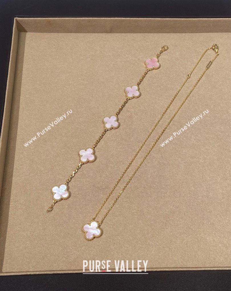 Van Cleef Arpels Alhambra Bracelet, 5 Motifs and Pendant Necklace Light Pink/Gold 2025 0509 (YF-250509125)