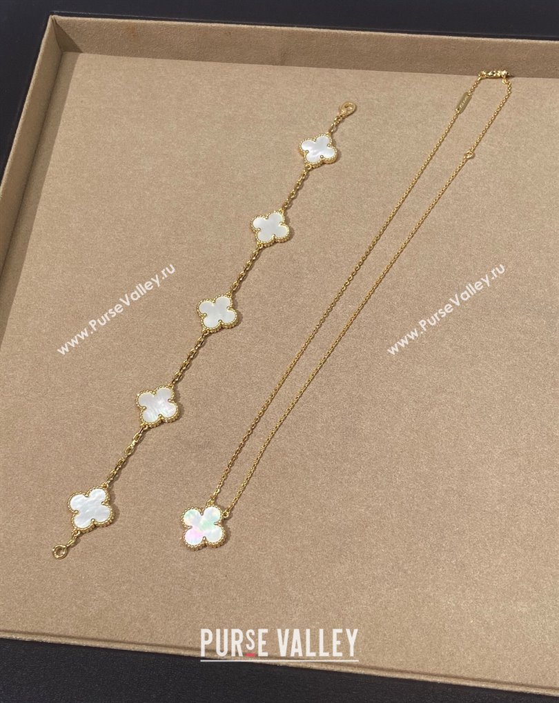 Van Cleef Arpels Alhambra Bracelet, 5 Motifs and Pendant Necklace White/Gold 2025 0509 (YF-250509127)