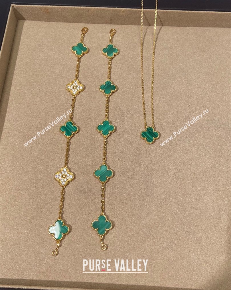 Van Cleef Arpels Alhambra Bracelet, 5 Motifs and Pendant Necklace Green/Gold 2025 0509 (YF-250509128)