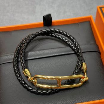 Hermes Roulis Double Tour Calfskin bracelet Black/Yellow Gold 2025 0510 (YF-25051004)