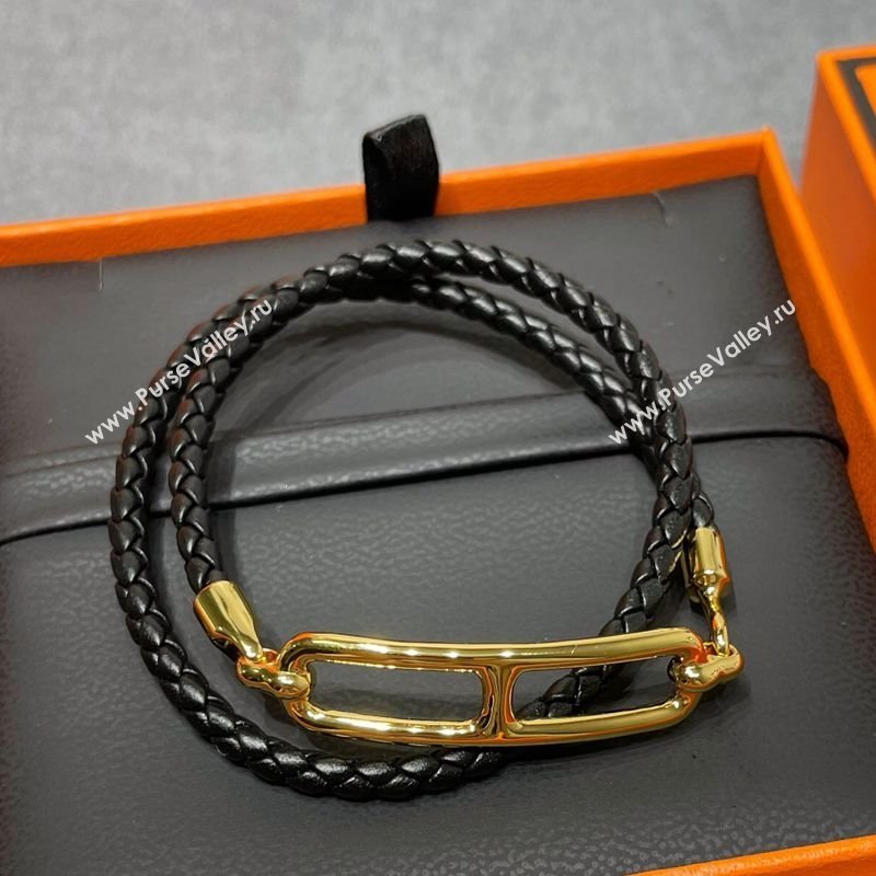 Hermes Roulis Double Tour Calfskin bracelet Black/Yellow Gold 2025 0510 (YF-25051004)