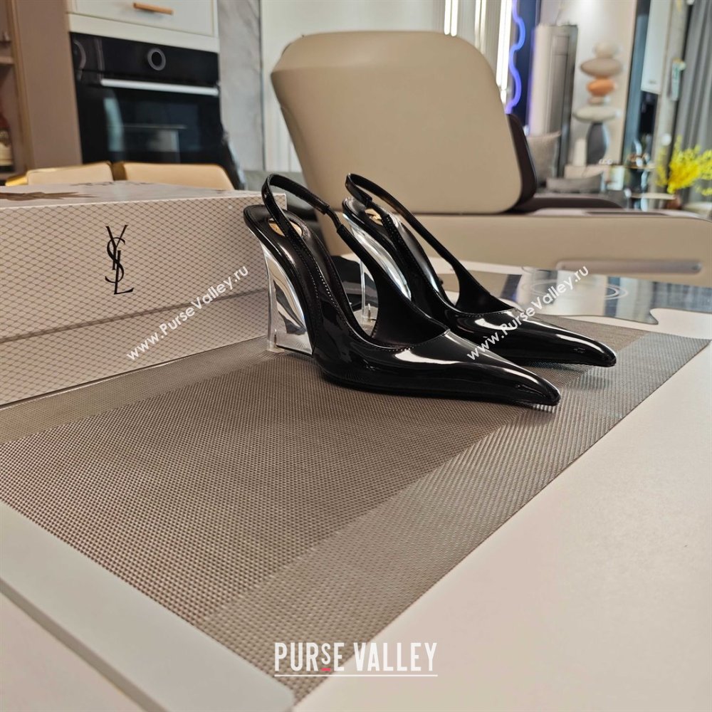 Saint Laurent Miller Wedges Pumps in Glazed Leather 9cm Heel Black 2025 (MD-25052212)