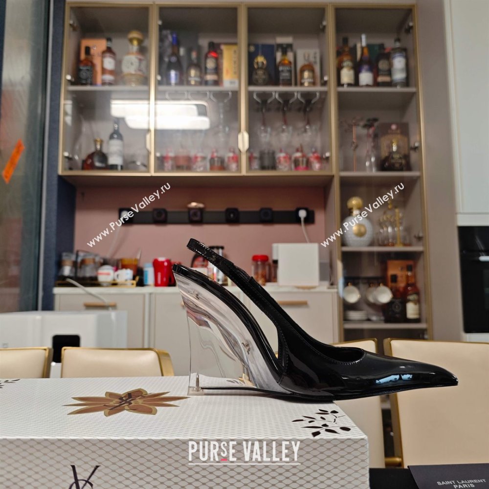 Saint Laurent Miller Wedges Pumps in Glazed Leather 9cm Heel Black 2025 (MD-25052212)