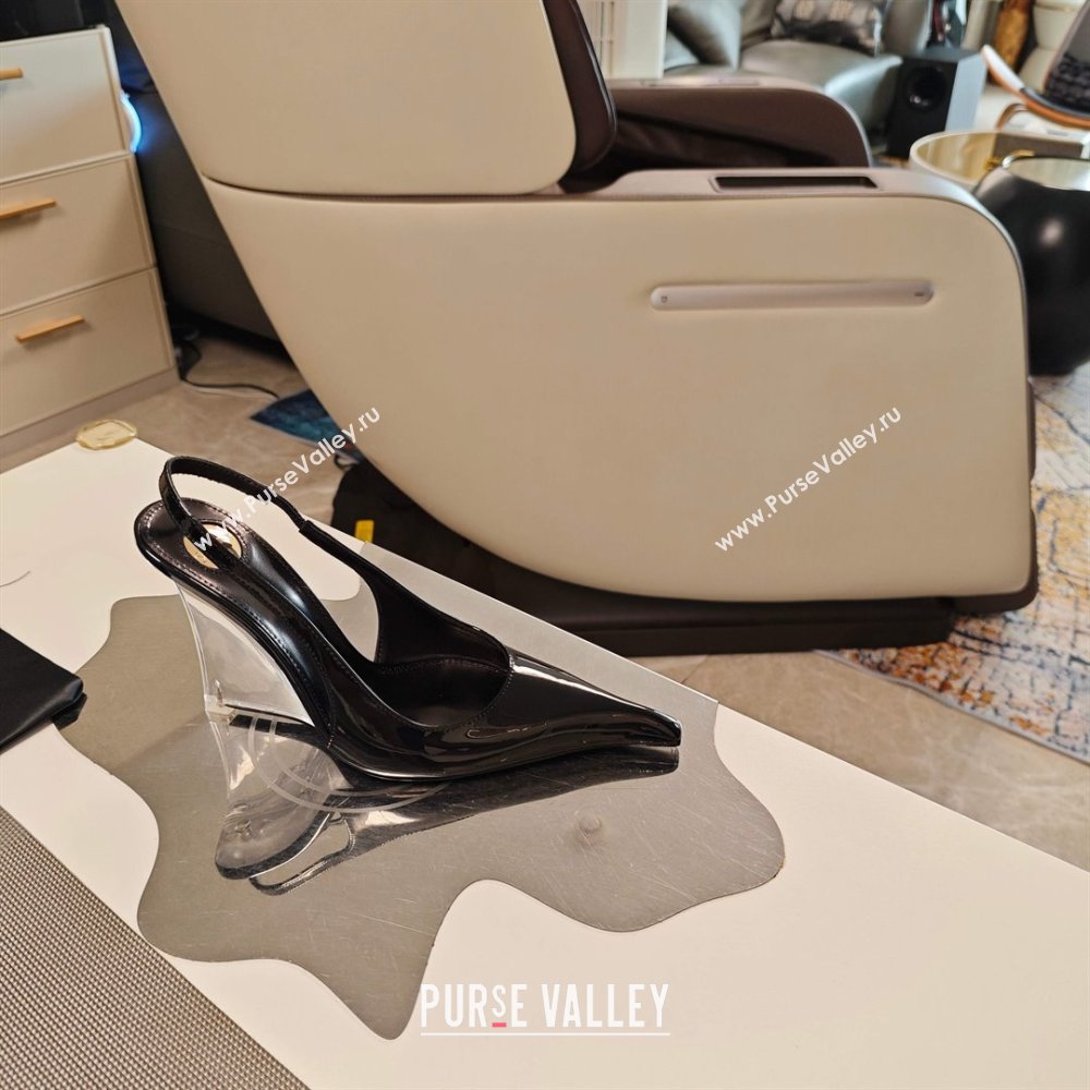 Saint Laurent Miller Wedges Pumps in Glazed Leather 9cm Heel Black 2025 (MD-25052212)