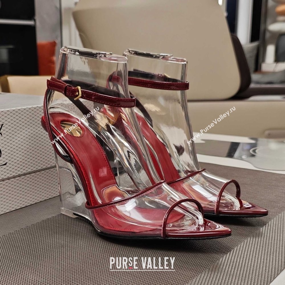 Saint Laurent Vera Wedges in TPU and Patent Leather 10cm Heel Burgundy 2025 (MD-25052302)
