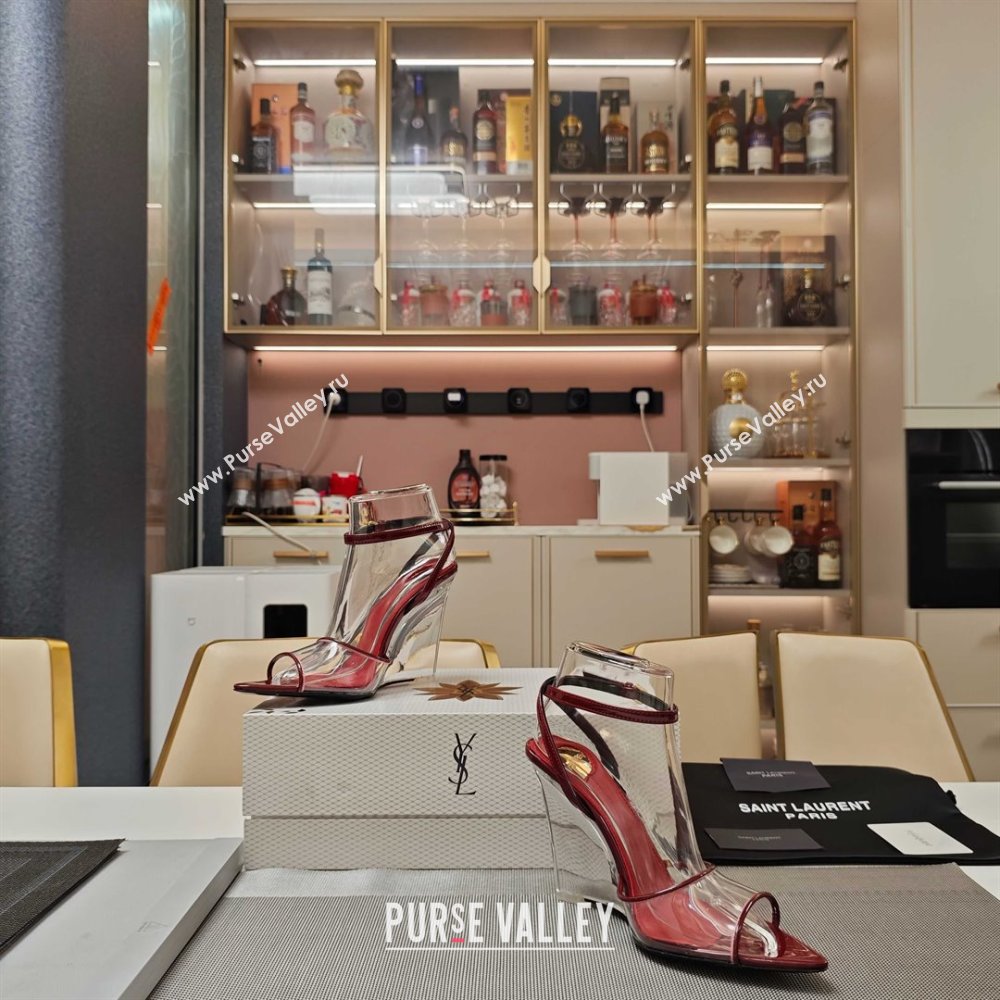 Saint Laurent Vera Wedges in TPU and Patent Leather 10cm Heel Burgundy 2025 (MD-25052302)