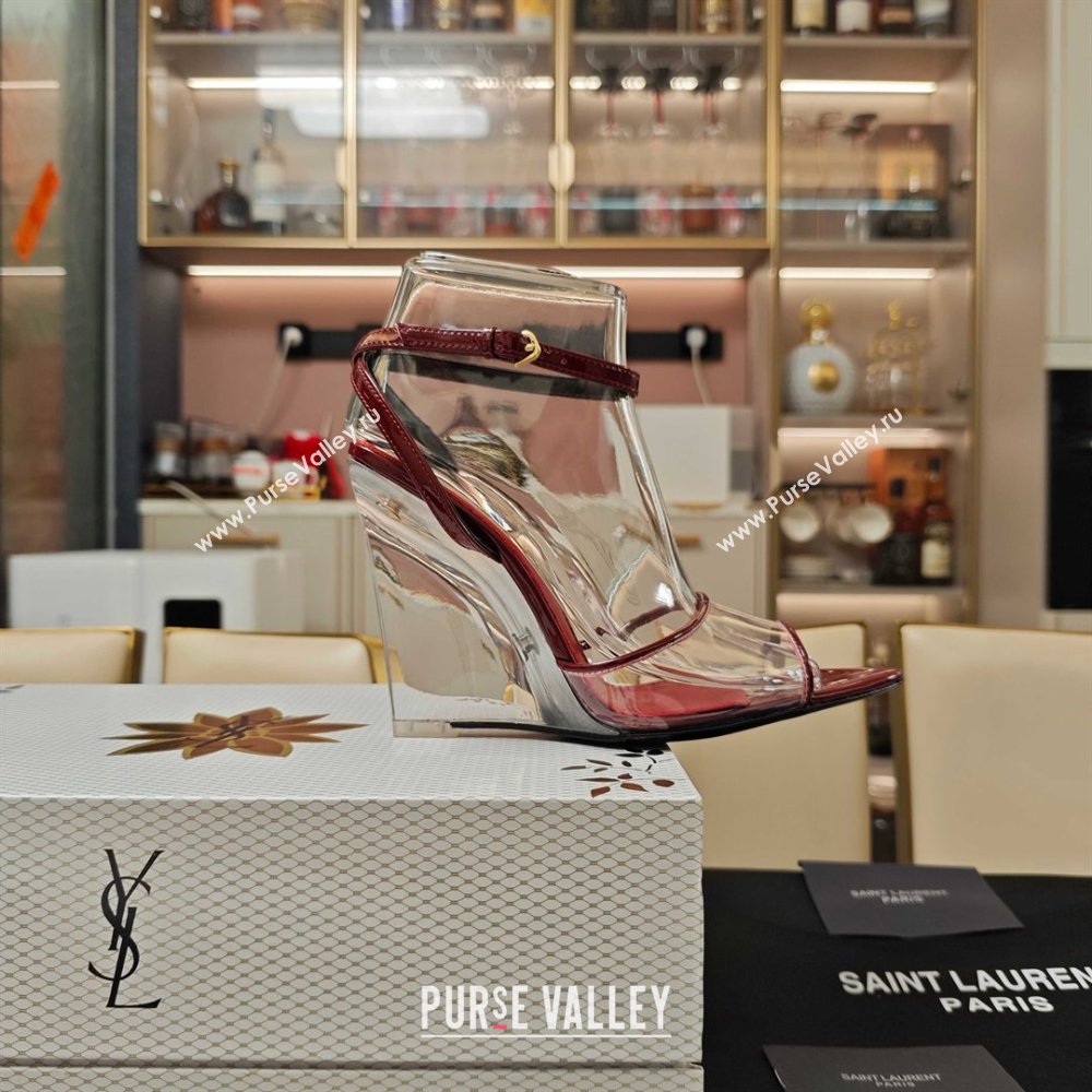 Saint Laurent Vera Wedges in TPU and Patent Leather 10cm Heel Burgundy 2025 (MD-25052302)