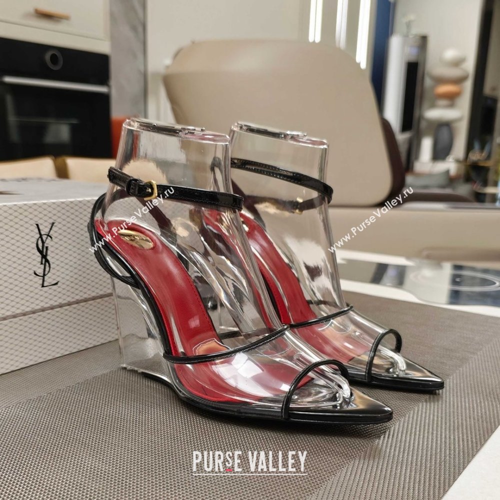 Saint Laurent Vera Wedges in TPU and Patent Leather 10cm Heel Black 2025 (MD-25052306)