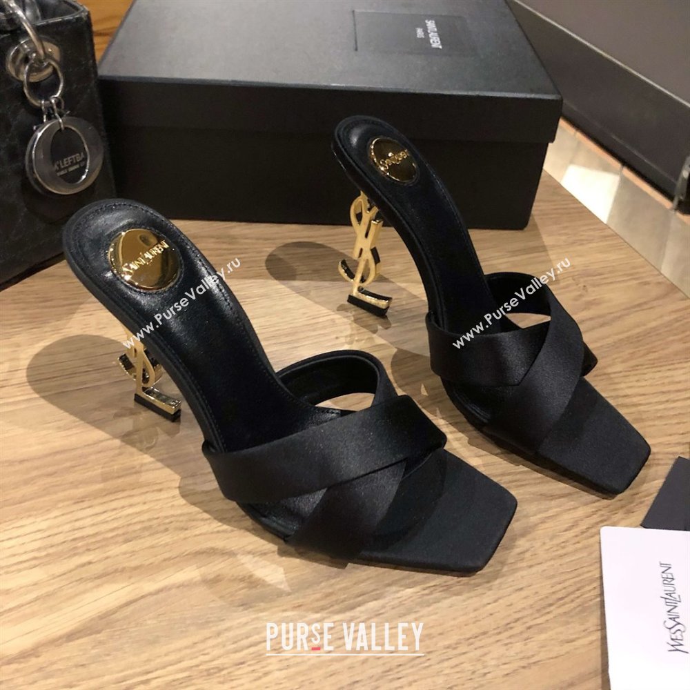 Saint Laurent Ppyum Mules Sandals in Satin Crepe 10.5cm Heel Black 2025 (MD-25052312)