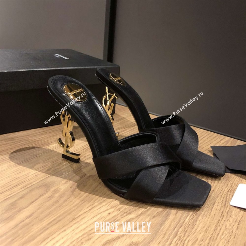 Saint Laurent Ppyum Mules Sandals in Satin Crepe 10.5cm Heel Black 2025 (MD-25052312)